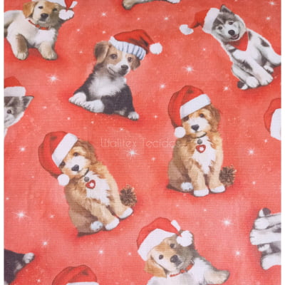 Tecido Tricoline de Natal Dogs Noel Cachorrinhos Akita