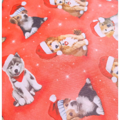 Tecido Tricoline de Natal Dogs Noel Cachorrinhos Akita