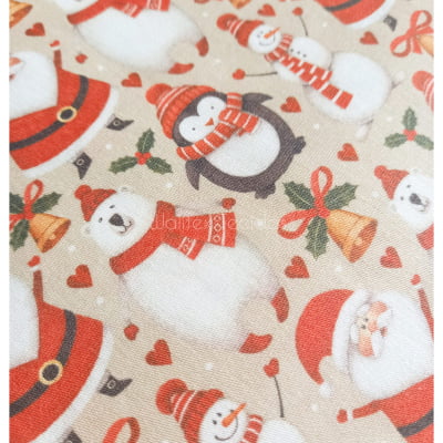 Tecido Tricoline de Natal Pinguim Urso Polar Papai Noel