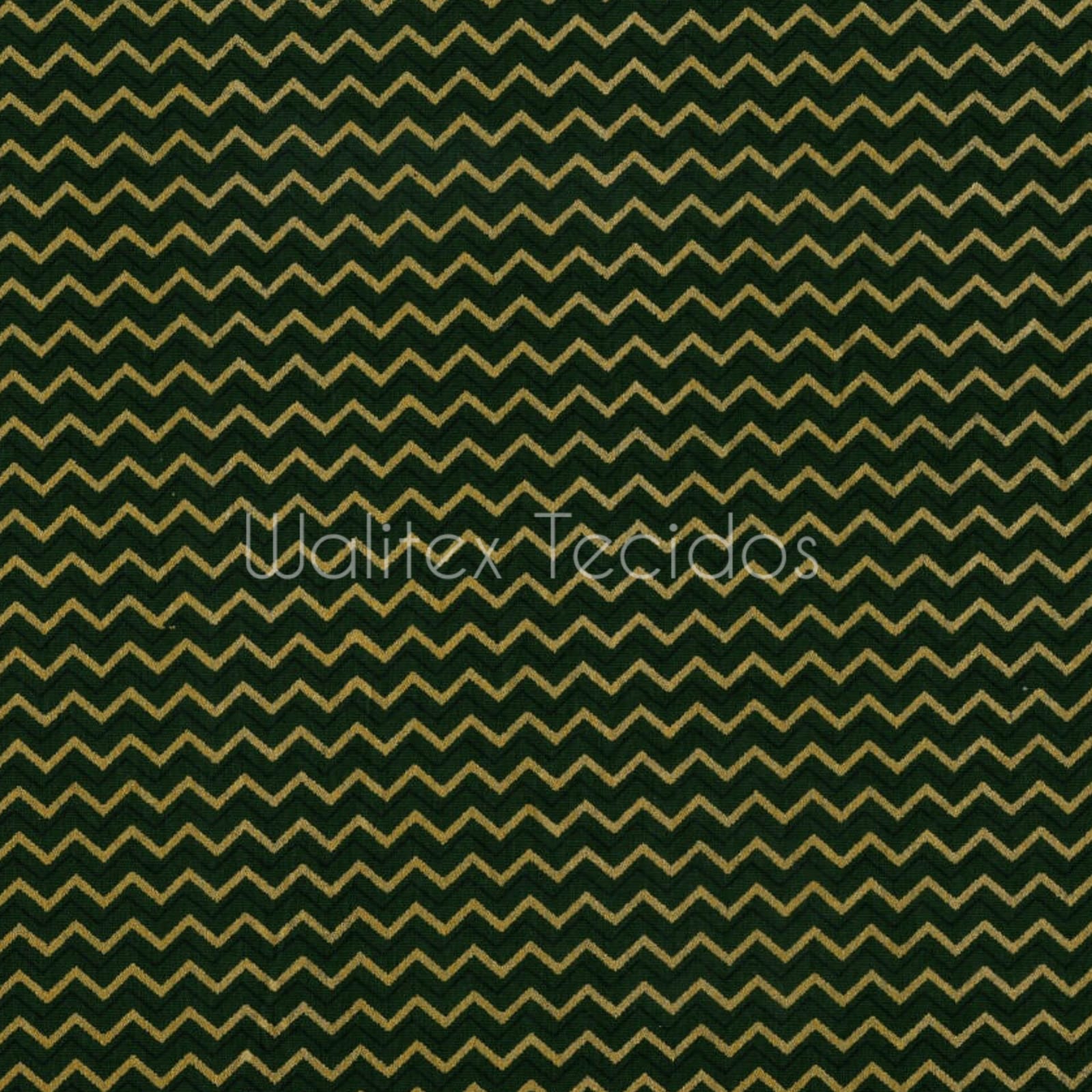 Tecido Tricoline de Natal Chevron Zig Zag Verde Dourado